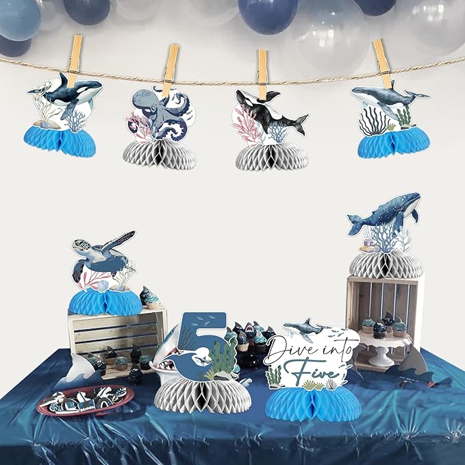 8Pcs Dive Into Five Honeycomb Centerpieces for Boys, 5th Birthday Ocean Themed Under The Sea Table Toppers Five Years Old Party Supplies