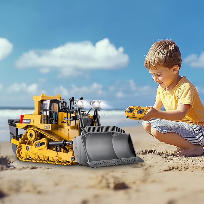 Rc Bulldozer Toys - Remote Control Bulldozer Construction Vehicles Trucks for Boys Kids Age 7 8-12 - Metal Remote Control Electric Tractor Loader Toys with Light and Sound - Birthday Gift