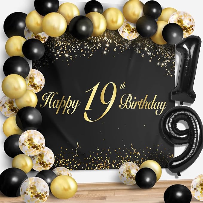 Happy 19th Birthday Balloons Black Set Decor - Cheers to 19 Years Old Party Theme Garland Banner Backdrop Decorations For Women and Men Supplies