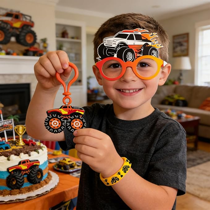 122 Pcs Monster Truck Party Favors, Truck Birthday Party Supplies Include Goodie Bags, Bracelets, Keychains, Stickers, Paper Glasses, Off-Road Racing Theme Pinata Fillers Classroom Rewards