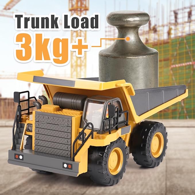PREPOP Kids' RC Dump Truck Toy - Remote Control Construction Truck with Metal Bed, Lights & Sounds, for Boys Ages 6-10 Years and Up