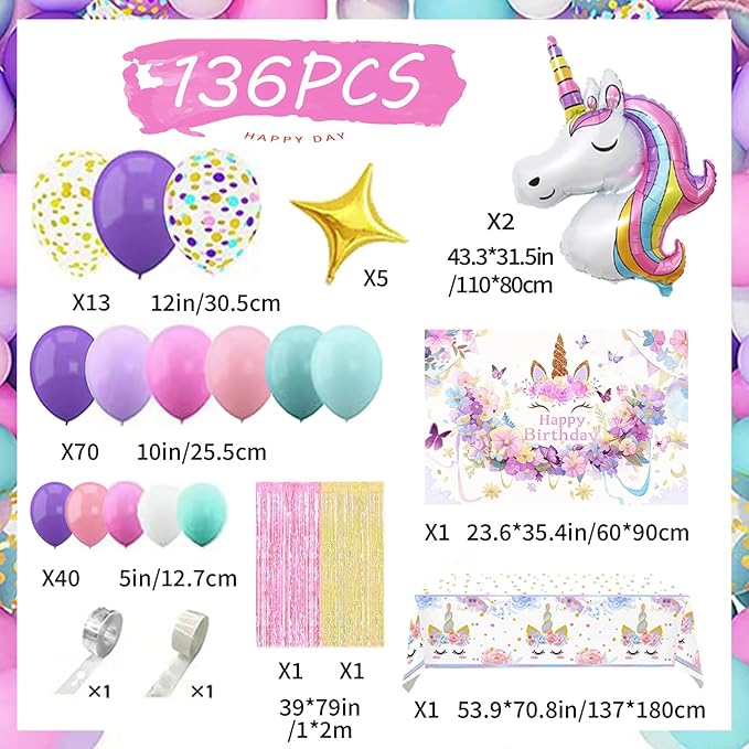 Unicorn Party Decorations Kit - 135-Piece Set with 3D Foil Balloons, Backdrop, Table Cover, Tassel Curtains & Garland Making Supplies - Pink, Rose Gold, Purple Theme (Includes Balloon Arch Kit)