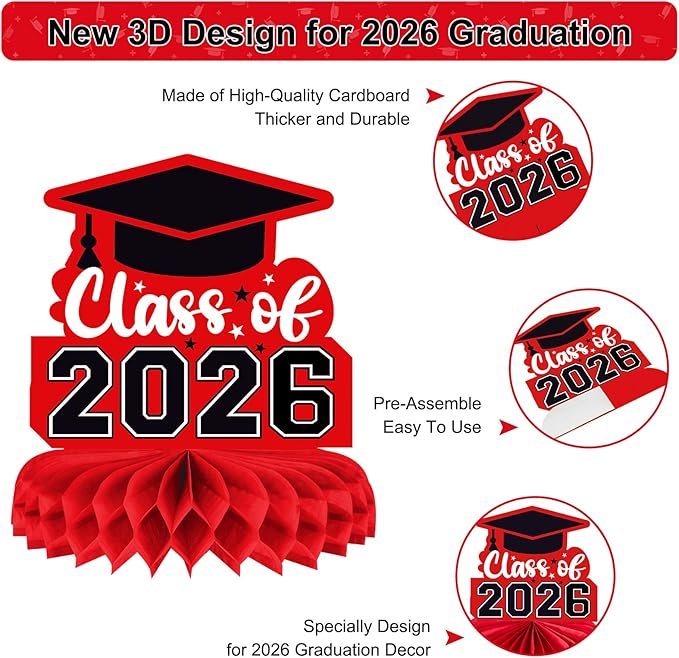 8 Pieces Class of 2026 Graduation Table Decorations - 2026 Congrats Grad Honeycomb Centerpieces, Red Black Graduation Table Toppers Decor for 2026 Graduation Party Decorations Favor Supplies