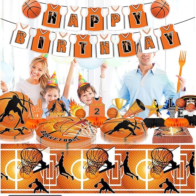 Basketball Party Supplies, Basketball Birthday Party Decorations Tableware Set,Include Honeycomb Centerpieces Table Decoration and Napkins,Cups,Plates,Banner,Tablecloth (Set B)