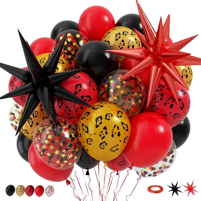 Cheetah Print Balloon, 12 Inch Black Red Gold Balloons with Leopard Print Balloons Confetti Star Foil Balloon Leopard Jungle Animal Decorations for Cheetah Theme Birthday Cherry Vintage Party Supplies