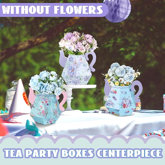 Fulmoon 6 Pcs Tea Party Decorations 6.7'' Flower Box Table Paper Teapot Princess Centerpiece Vase Table Decor Wonderland Fancy Party Decor for Floral Tea Birthday Baby Shower Wedding (Elegant)
