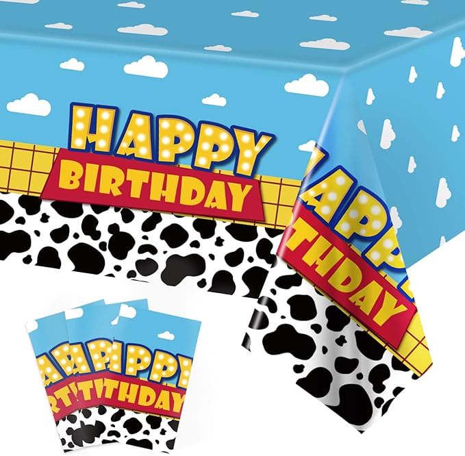 3 Pack Cartoon Story Birthday Party Supplies Cow Pattern Printed Table Cover Blue Sky and White Cloud Tablecloths Cow Birthday Party Decoration for Boy Girl Kid Birthday Party Decor 54 x 108 inch