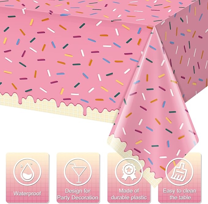 6Pcs Sprinkle Donut Tablecloth, Pink Ice Cream Table Cloth Disposable Plastic Rectangle Table Covers for Baby Girl Sweet One Birthday Donut Grow Up Donut Themed Party Decorations, 54 X 108 Inch