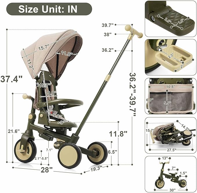 7-in-1 Baby Tricycle with Adjustable Parent Handle - Foldable Toddler Bike w/Removable Canopy & Guardrail, Aluminum Alloy Frame Stroller Bike for 1-6 Years Old (12-72 Months) (Dark Green-1)
