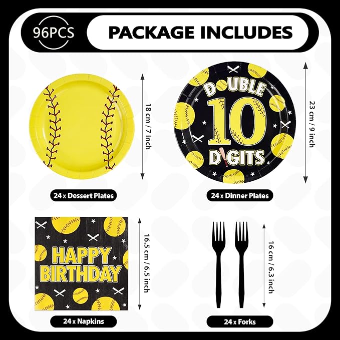 96Pcs Softball 10th Birthday Party Supplies Sport Themed 10th Birthday Plates and Napkins Yellow Black Softball Disposable Paper Tableware Set for Kids 10 Year Old Party Supplies Serves 24