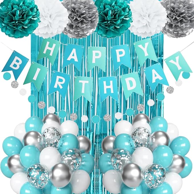 Teal Blue and Silver Birthday Party Decorations, Happy Birthday Banner Turquoise Aqua Teal Foil Fringe Curtain Tissue Pom Poms Balloons Décor Supplies for Men Women Boys Girls Birthday Party