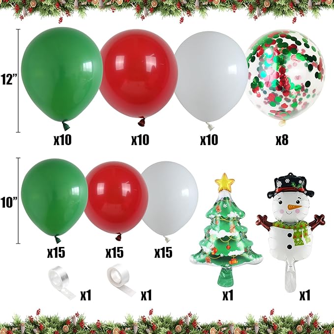 Christmas Balloon Garland Arch Kit Red Green White Latex Balloons Red Green Confetti Balloon with Mini Snowman Christmas Tree Foil Balloons for Xmas New Year Party Decortaion Supplies