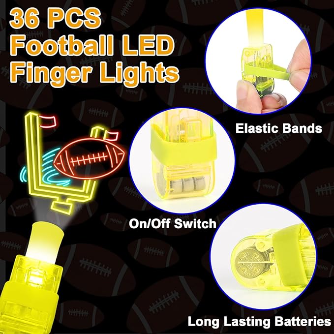 36Pcs Football LED Finger Lights Sport Party Favors Glow in the Dark Light Up Finger Lights Rugby Themed Toys Bulk for Birthday Party Goodie Bag Stuffer Birthday Gifts Classroom Prize
