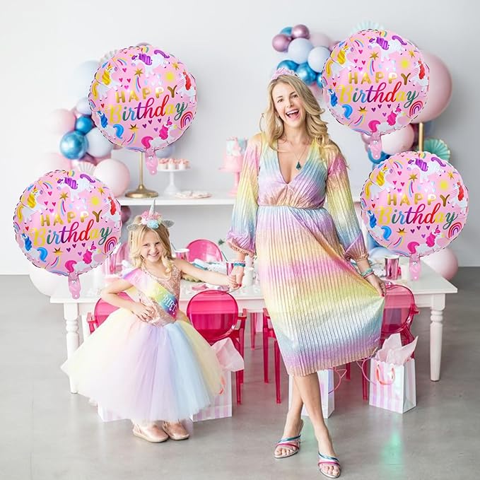 18 Inch Unicorn Balloons for Party Decor, 4PCS Round Rainbow Unicorn Foil Mylar Birthday Balloon for Girls Women Rainbow Themed Baby Shower Cute First unicorn Birthday Party Decorations Supplies