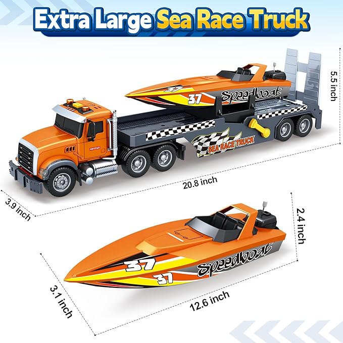 Toddler Boy Toys for 3 4 5 6 7 Years Kids, 21" Semi Flatbed Truck Toy with a Sea Race Truck, Friction Powered Vehicles Toys with Lights and Sounds, Birthday for Boy Girls