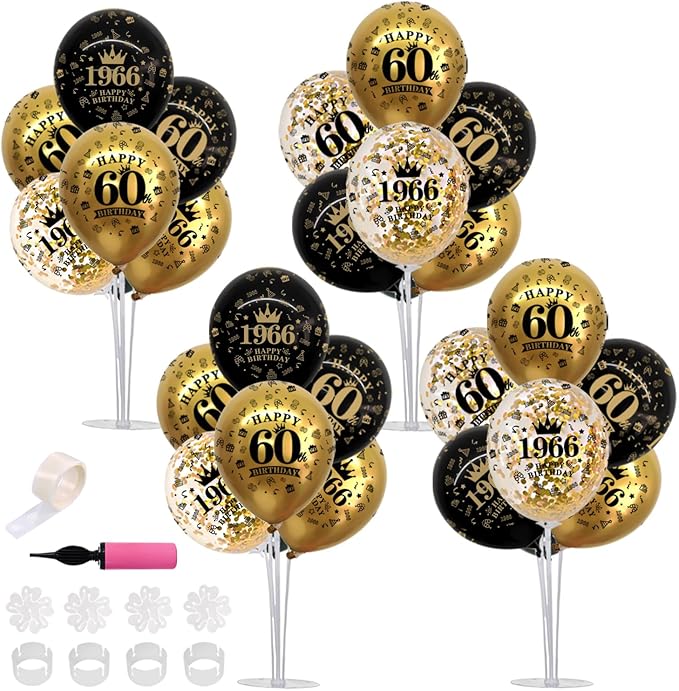 TONIFUL 4 Set 60th Birthday Decorations 1966 Balloon Centerpiece for Table,Black Gold Balloon Stand Kit,Perfect for celebrating born in 1966,Cheers to 60 Years Birthday for Men and Women