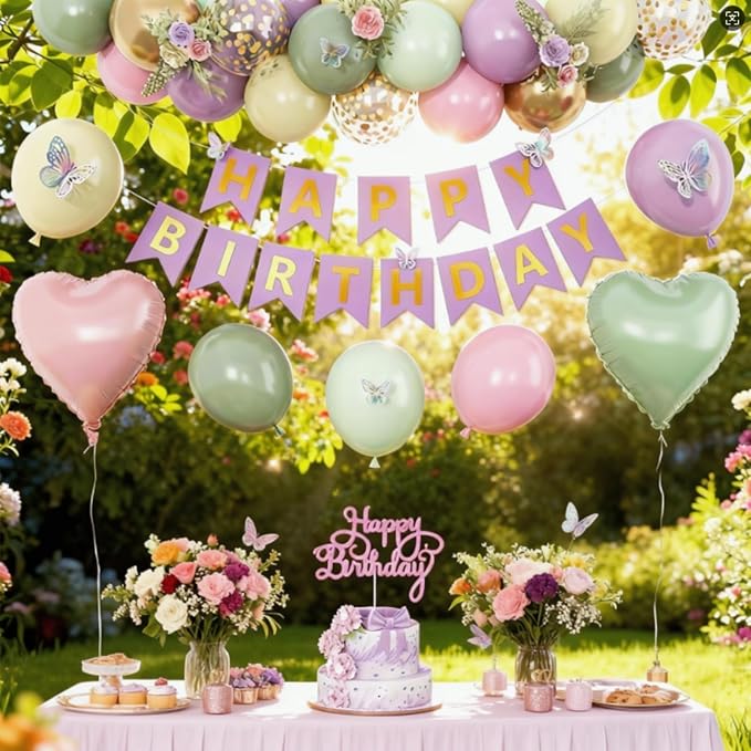 Fairy Birthday Decorations for Women Girls,Fairy Themed Party Decorations Sage Green Purple Pink Yellow Balloons Happy Birthday Banner Girls Butterfly Birthday Decor Spring Tea Party Supplies