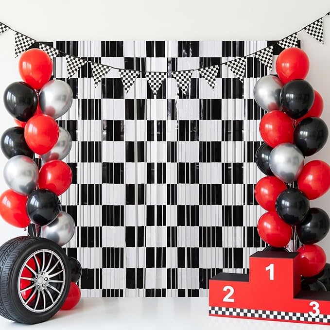 TONIFUL 2Pcs Checkered Door Streamers, Photo Booth Backdrop,Metallic Streamers Checkered Foil Fringe Curtains for Birthday,New Year,St. Patrick's Day Independence Day Labor Day Party Decor
