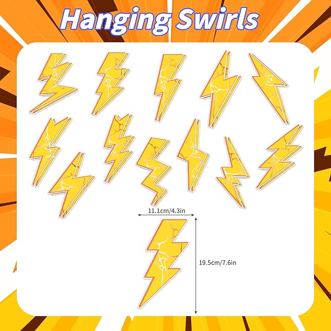 24 Pieces Lightning Hanging Swirls Flash Weather Streamers Gold Lightning Hanging Decorations Ceiling Swirls for Yellow Lightning Birthday Party Decorations Party Supplies Baby Showers Decorations