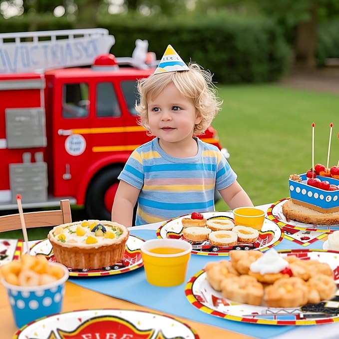 96Pcs Fire Truck 3rd Birthday Decorations Firefighter 3rd Birthday Plates and Napkins Tableware Sets Sound the Alarm Party Decorations for Boys Firetruck Fireman 3 Years Old Party Supplies Serve 24