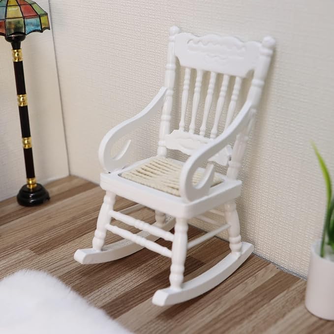 Dollhouse Chairs 2PCS Miniature Rocking Chair 1:12 Scale Wooden FurnitureAccessories Tiny Mini House Home Outdoor Decoration Model Living Room Scene Christmas Craft Displays (White)