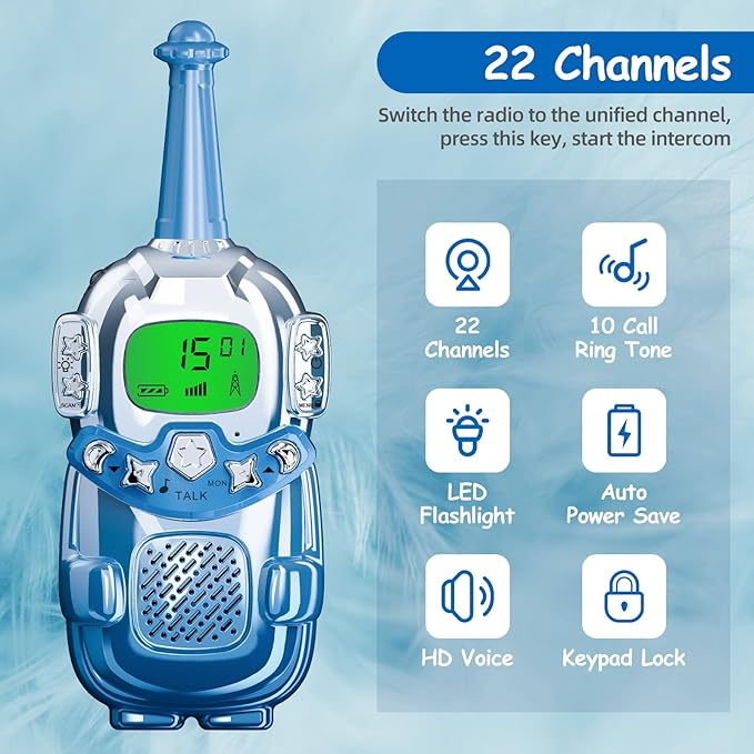 Mini Robot Kids Walkie Talkies 2 Pack,Walkie Talkies for Kids with Backlit LCD Flashlight,3-12 Year Boy Girl Gift,Birthday Christmas Toy Gift,3 KM Range for Camping, Hiking,Outdoor Play (Blue)