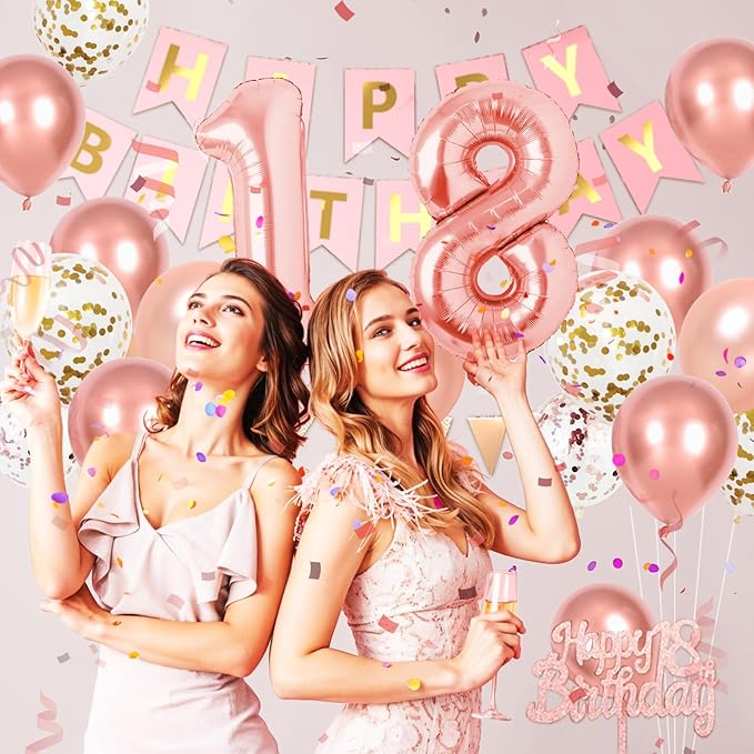 18th Birthday Decorations For Her, Rose Gold Happy Birthday Party Decorations With Number 18 Balloons Gold Confetti Helium Balloons Flag Banner Fringe Curtain Cake Topper For Girl Woman Party Decor