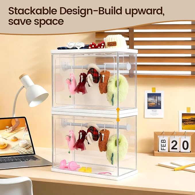 Clear Doll Wardrobe Storage Box Compatible with Labubu 15/17cm Doll Clothes & Accessories, Clear Display Box Shelf, Includes 10 Hangers, 1 Rod & 2 Supports, Stackable
