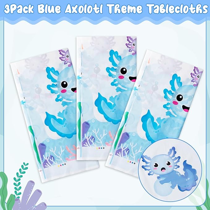 Axolotl Plastic Party Tablecovers - 3-Pack Blue Cartoon Axolotl Table Cover Decorations Disposable Waterproof Rectangle Plastic Tablecloths Rectangle Kids Birthday Baby Shower Camping Events