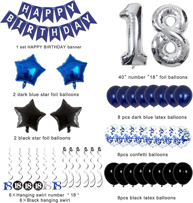 18th Birthday Decorations for Boys and Girls Dark Blue, HAPPY BIRTHDAY Banner Silver Number 18 Balloons, Deep Blue Theme Party for Him - 18 Years Old Birthday Party Supplies Kit for Her