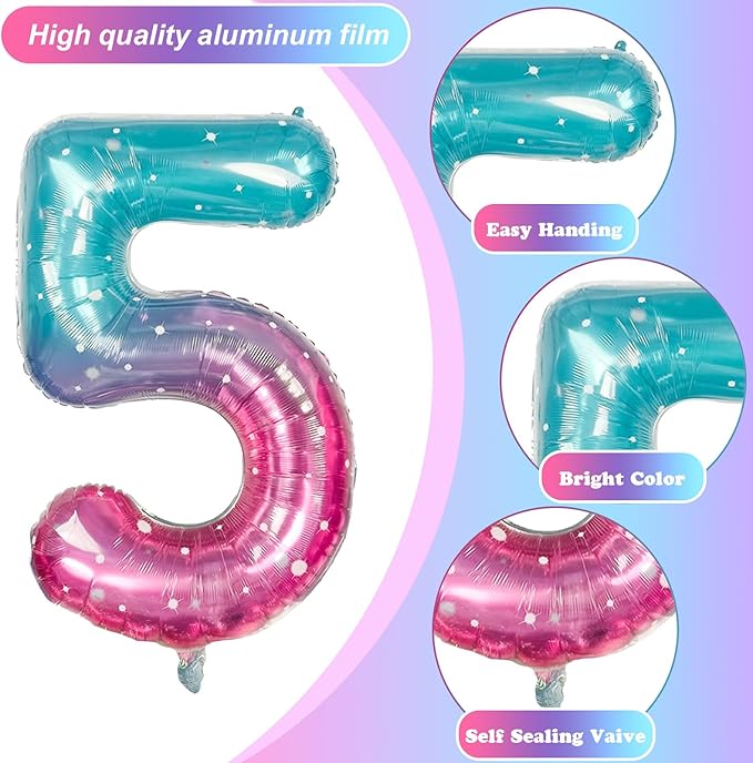 Mermaid Starry 5 Balloons, 40 Inch Giant Teal Blue Purple Mylar Foil Number 0-9 Helium Balloon for Girls, Self Inflating Rainbow 5th Birthday Balloon for Women Anniversary Party Decorations Supplies