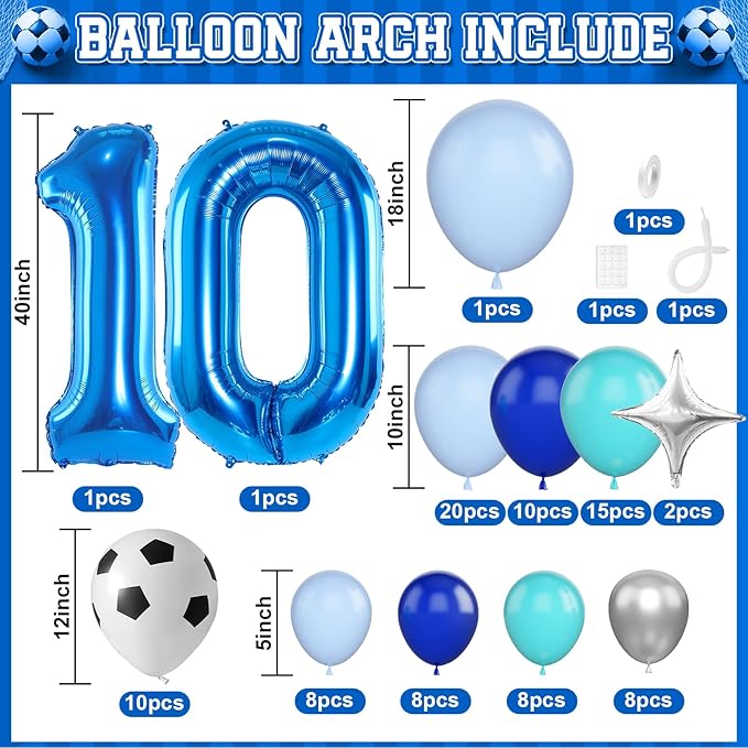 10th Birthday Soccer Party Decoration for Boys, 10th Soccer Birthday Balloons Arch with Royal Blue Teal Light Blue Balloon Garland Kit Large Number 10 Balloon for 10th Football Birthday Party Supply