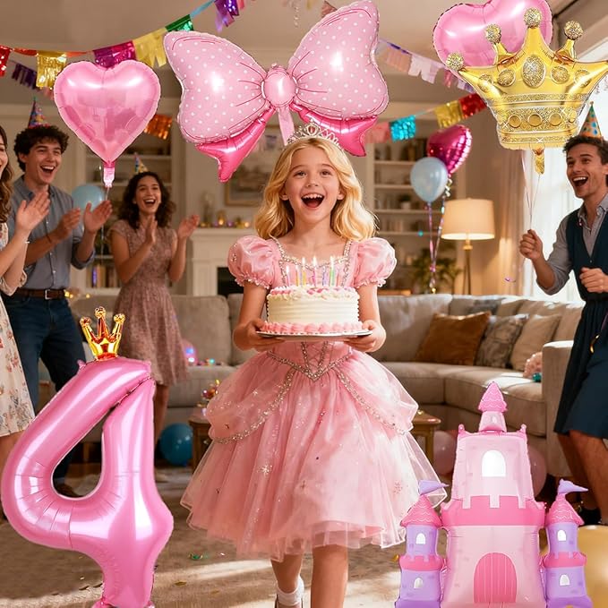 Princess Balloons for 4th Birthday Decorations Girl Pink Castle Balloon Large Pink Crown Number 4 Balloons for Princess Birthday Party Decorations Supplies