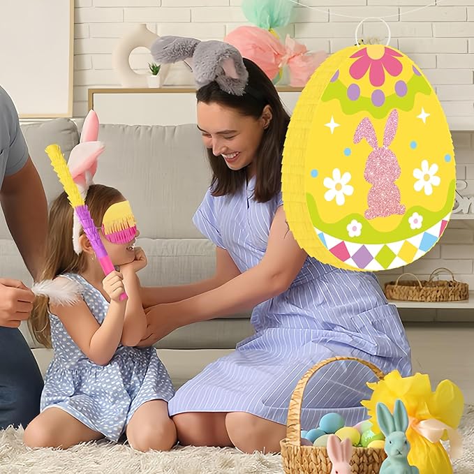 Hooqict Easter Egg Pinata Bunny Pinata with Blindfold and Bat Stick for Kids Spring Happy Easter Party Games Bunny Birthday Party Decorations Sunday Celebration Supplies