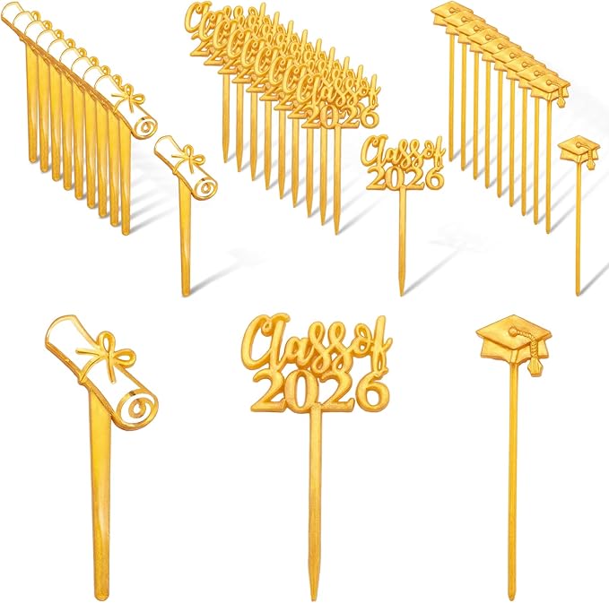 Boao 90 Pieces Class of 2026 Theme Graduation Cake Topper Plastic Cupcake Picks Graduation Cupcake Decorations for Party Supplies and Favors, 3 Styles(Gold)