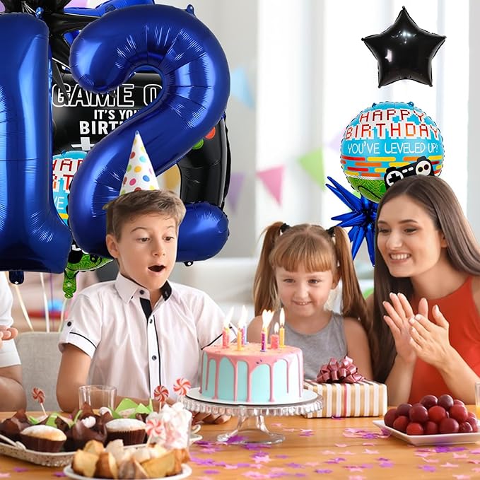 15pcs Video Game Themed Party Decorations, Number 12th Boys Birthday Party Supplies, Navy Blue Video Game Controller Mylar Foil Balloon, Video Game Party Decoration Supplies