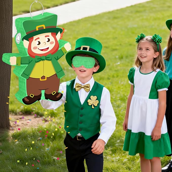 Hooqict St Patricks Day Pinata St. Patrick's Kids Party Games Green Leprechaun Pinata with Blindfold and Bat Stick for Boys Girls Happy St.Patrick's Day Decorations Birthday Party Supplies