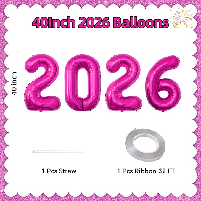 KALOR 42 Inch 2026 Hot Pink Foil Mylar Number Balloons, 2026 New Years Decorations for 2026 Happy New Year Eve and Graduations Party Supplies