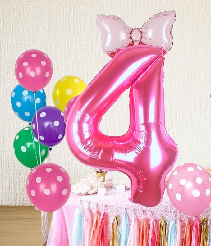 40 Inch Pink Number 4 Balloon with Mini Bow Balloon for Girls 4th Birthday Decorations, Pink Princess Western Cowgirl Theme Birthday Party Decorations Supplies Favors
