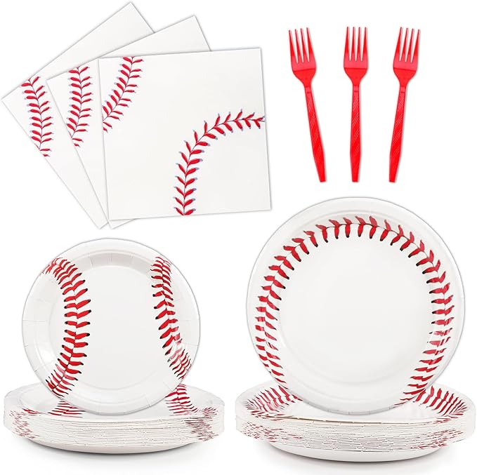 96 Pcs Baseball Party Decorations, Baseball Party Supplies Bundle Include Baseball Plates, Napkins, Forks, Baseball Birthday Party Decorations Serves 24