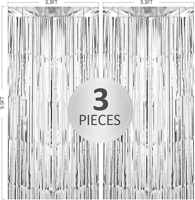 3 Pack 3.3 x 9.9 ft Silver Foil Fringe Backdrop Curtain, Streamer Backdrop Curtains, Streamers Birthday Party Decorations, Tinsel Curtain for Parties, Galentines Decor, Preppy, Photo Booth