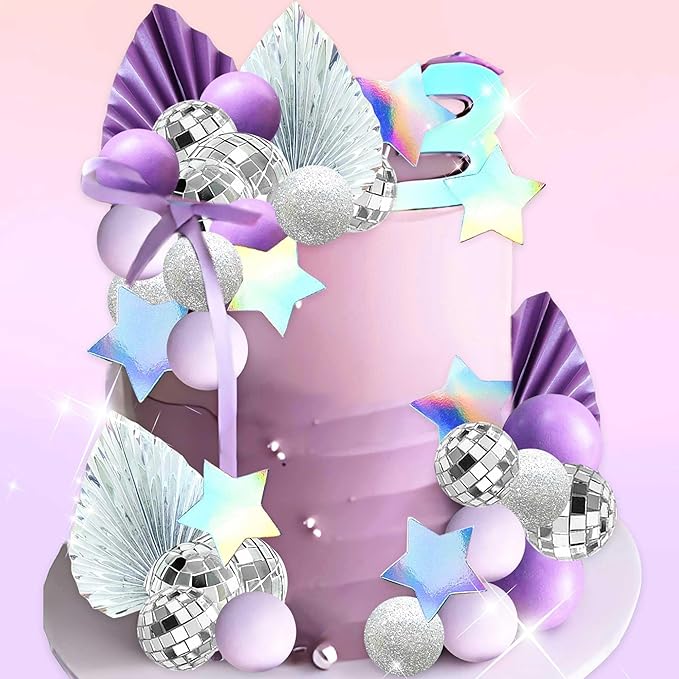 41Pcs Cool Girl Cake Decorations Purple Disco Ball Cake Topper Singer Stars Birthday Decoration Purple Cool Girl Bachelorette Party Supplies Bridal Shower Decor