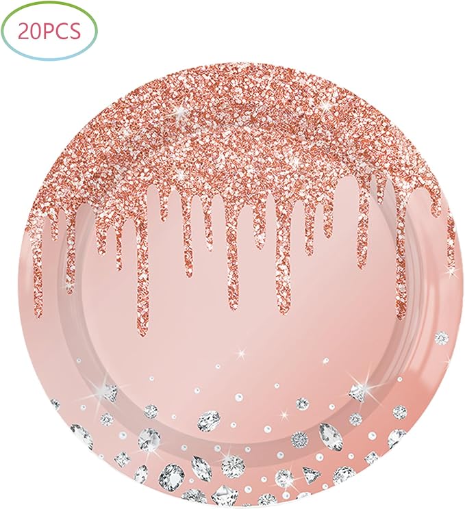 Pink Rose Gold Birthday Decorations, Dessert Plates and Napkins for Girls - Disposable Party Favors (20 Plates and 20 Napkins)