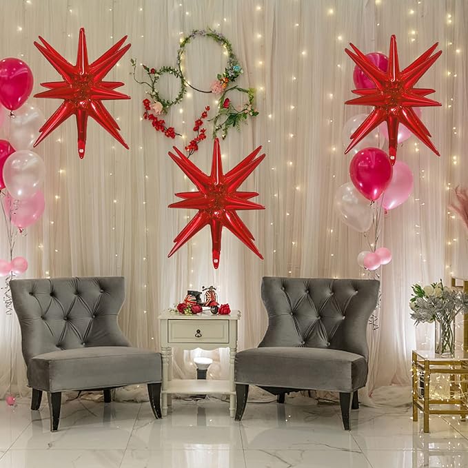 6 Pcs Red Star Foil Balloons One-Piece 14-Pointed Star Balloon 4D Starburst Cone Mylar Balloon 22inch Christmas Birthday Wedding Wedding Anniversary Party Supplies(Red)