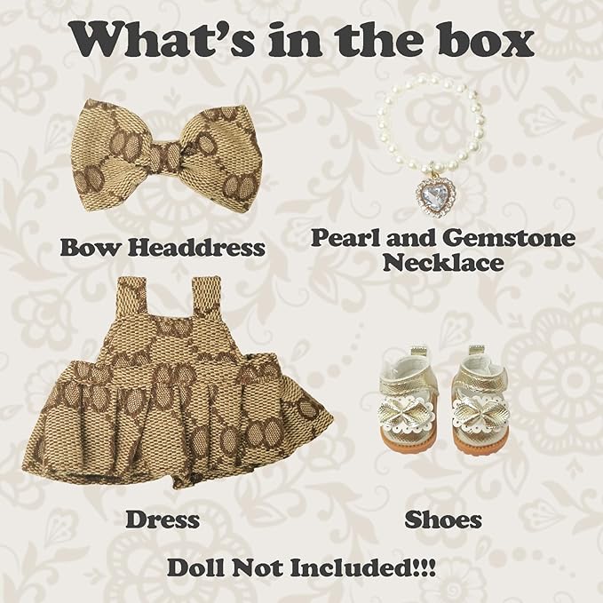 Clothes Compatible with LABUBU Doll - 4PCS Classic Set, 17cm Doll Clothes Designer Outfit for Elegant Vintage Theme, Stylish Luxury Accessories for Labubu, No Doll (Mocha Pearl Classic)