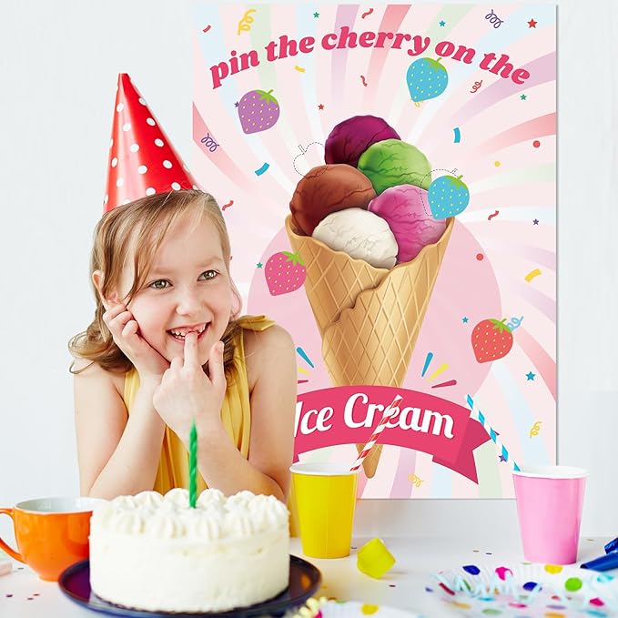 PLULON Ice Cream Party Game for Kids Pin the Cherry Strawberry on the Ice Cream Birthday Game Poster Cherry Strawberry Stickers for Boy Girl Birthday Summer Party Wall Decorations Classroom Activities