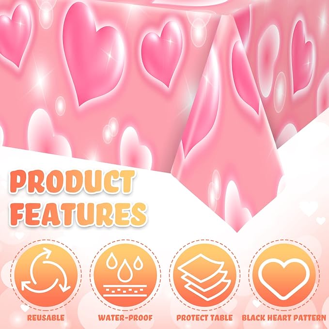 Tudomro 3 Pack 2000s Tablecloth Decoration 54 x 108 Inches Cholo Party Table Cover Y2k Party Decoration Heart Disposable Kpop Table Cloth for Birthday Supplies(Pink)