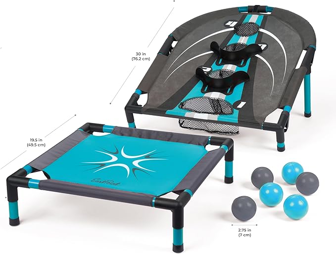 EastPoint Spring Fling Bounce Game - Black/Blue Durable PVC Construction - 6 Balls, 20in Trampoline & 29.5in x 24in Target - Dynamic Reflex Game, Sports Activities for Boys, Organizer for Easy Storage