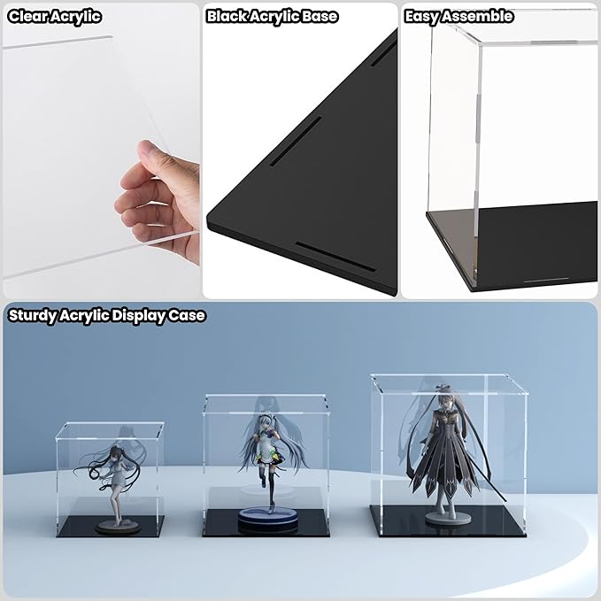 Acrylic Display Case for Collectibles and Toys, Versatile Clear Acrylic Display Box with Black Base for Action Figures and Trophy, 8x8x12-inch