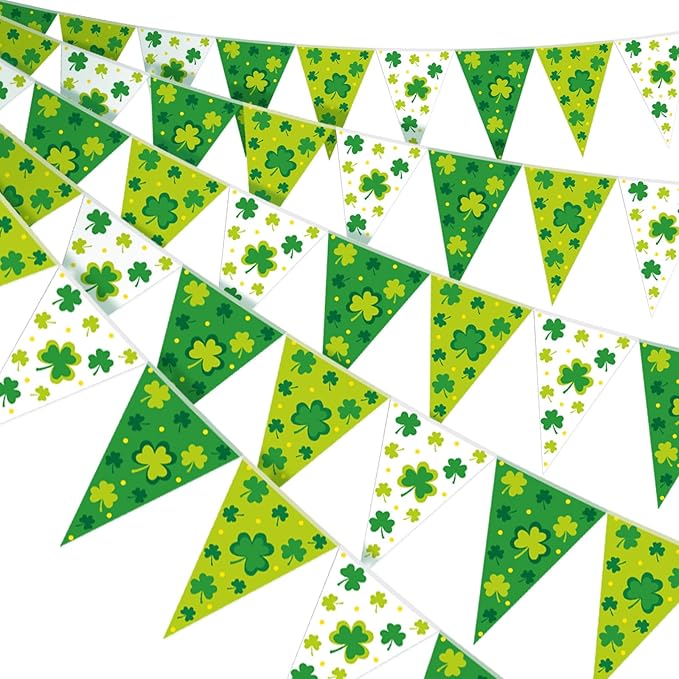HESTYA 5 Pcs 49ft St. Patrick's Day Banner Luck Green Shamrock Garland Banner Irish National Day Pennant Banners Triangle Flags Patrick's Decorations for Outdoor Indoor Home Irish Party Supplies